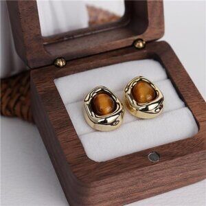 ✨ Vintage Tiger Eye Stud Earrings | 14K Gold Plated Retro Bazel Setting ✨